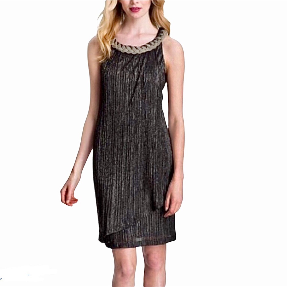 Donna Ricco Silver Metallic Sleeveless Dress With Braided Metal Neckline Size 8